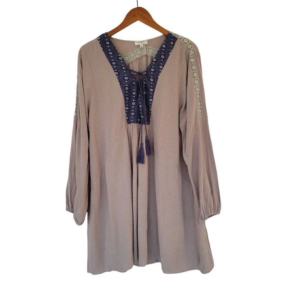 Umgee Long Sleeve Boho Tunic Dress Womens Size L Tan Blue Aztec Lace Tassel